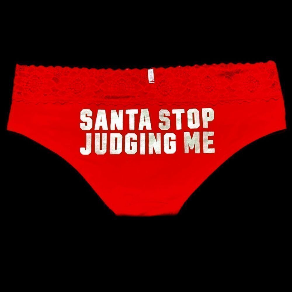 Victorias Secret Pink Cotton SANTA STOP JUDGING ME Hipster Christmas Panty Red L